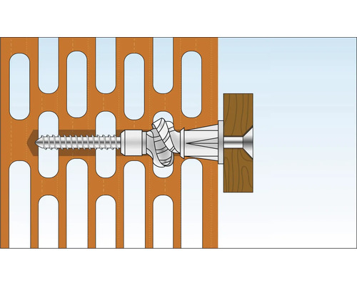 Illustration d''une fixation de cheville pour corps creux dans un mur en briques perforées