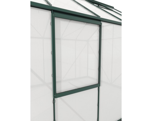 Seitenfenster Vitavia mit Hohlkammerplatte 6 mm 59x79 cm smaragd Detailansicht eines Gewächshauses mit Fenster