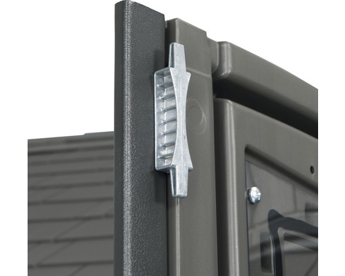 Vue détaillée d''une fermeture d''armoire de jardin en plastique