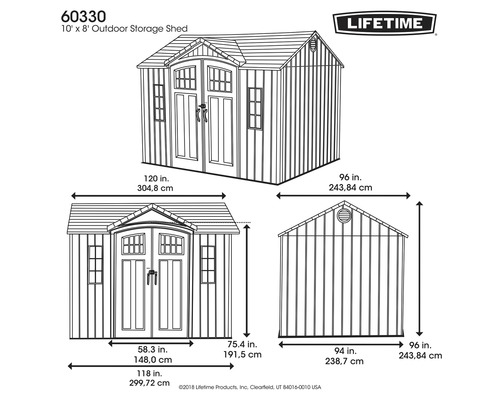 Abbildung eines Gerätehauses 10 x 8 Fuß mit Maßangaben