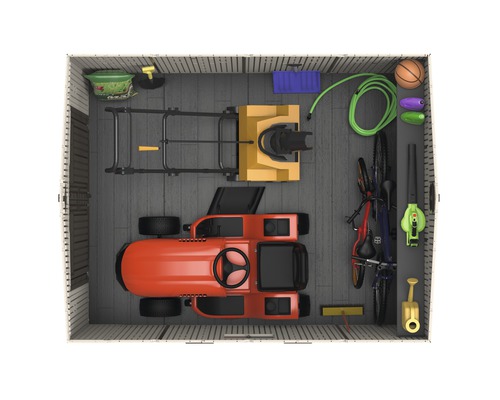 Gartengeräteschuppen Innenraum mit Rasentraktor, Schubkarre und Gartengeräten