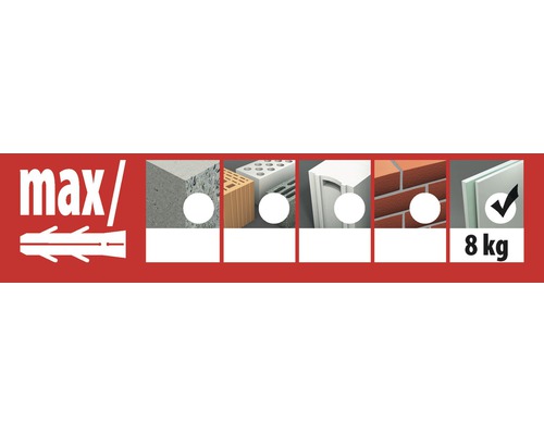 Cheville max adaptée au béton, brique perforée, bloc creux, pierre silico-calcaire, brique et plaque de plâtre avec une charge maximale de 8 kilogrammes