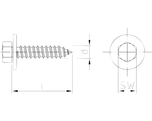 Zeichnung einer Schraube mit metrischem Gewinde und Sechskantkopf