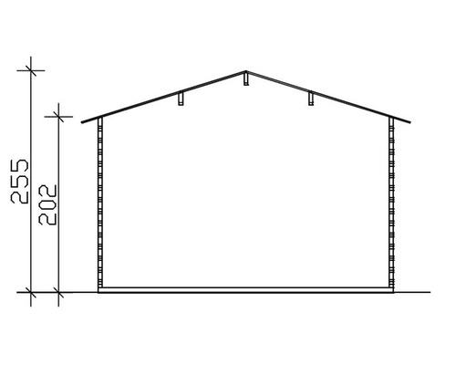 Schnittansicht eines Gartenhauses mit Höhenangaben