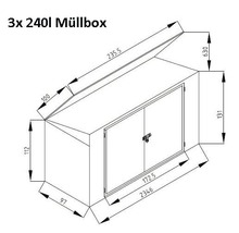 Technische Zeichnung einer Mülltonnenbox für drei Mülltonnen mit je 240 Litern Fassungsvermögen, inklusive Maßangaben.