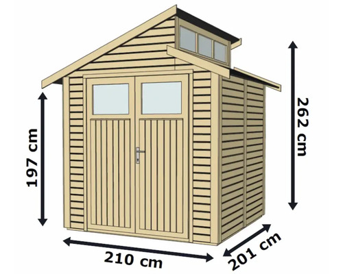 Abbildung eines Gartenhauses mit Abmessungen: Höhe 262 cm, Breite 210 cm, Tiefe 201 cm.