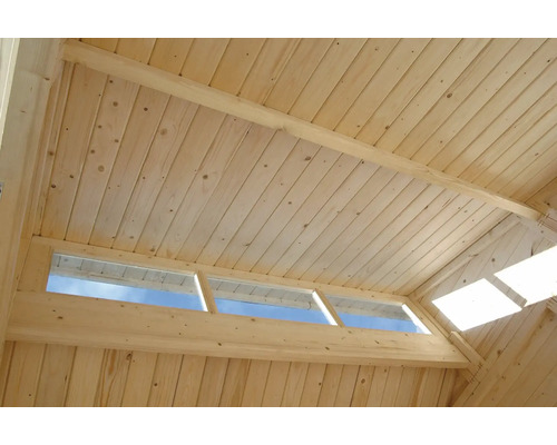Innenansicht eines Holzhauses mit Deckenverkleidung und Fenstern