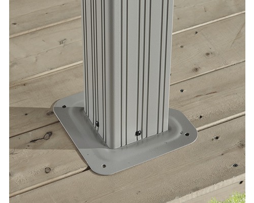 Detailansicht einer Pavillonstütze mit Montageplatte auf einem Holzboden.