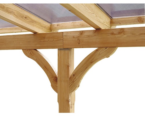 Vue détaillée d''une construction en bois avec des poutres et un toit transparent