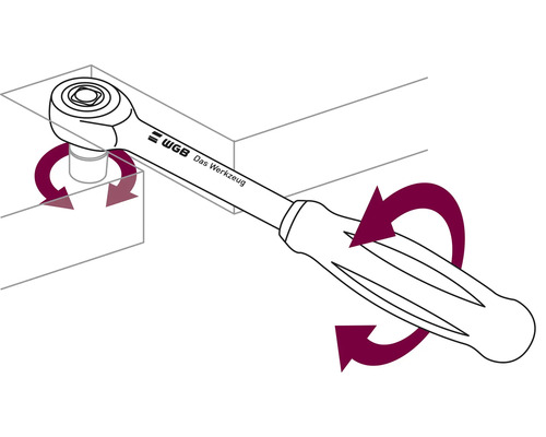 Illustration d''un cliquet en action avec le logo WGB Das Werkzeug.