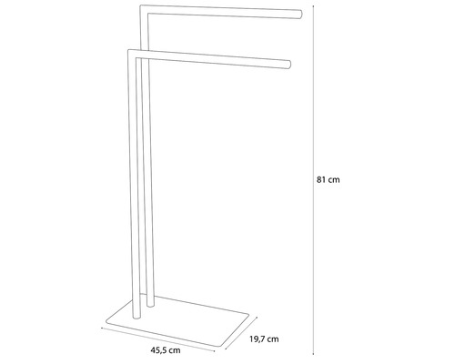 Porte-serviettes autoportant avec deux barres et les dimensions suivantes : 81 cm de hauteur, 45,5 cm de largeur et 19,7 cm de profondeur.