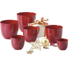 Gruppe von roten Übertöpfen mit Geschenk und Weihnachtsdekoration
