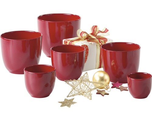Gruppe von roten Übertöpfen mit Geschenk und Weihnachtsdekoration