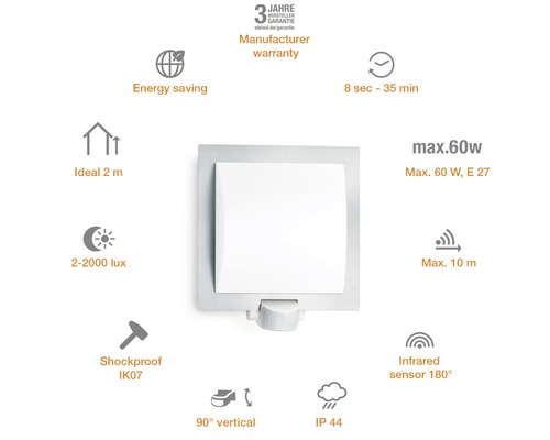 Luminaire d''extérieur avec détecteur de mouvement, portée maximale de 10 mètres