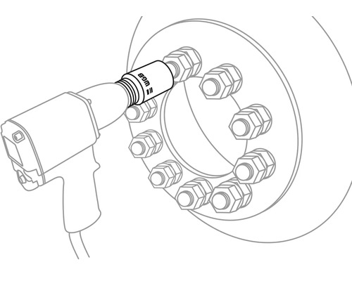 Darstellung eines Schlagschraubers mit Steckschlüssel beim Festziehen von Radmuttern