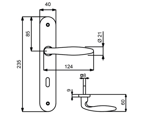 Technische Zeichnung eines Türdrückers mit Maßangaben