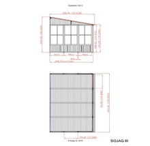 Zeichnung eines Charleston 10x13 Gartenhauses mit Maßangaben