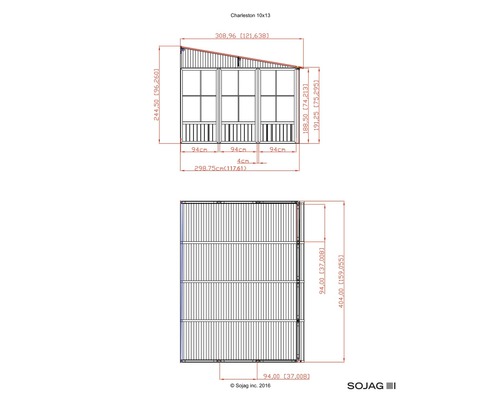 Zeichnung eines Charleston 10x13 Gartenhauses mit Maßangaben