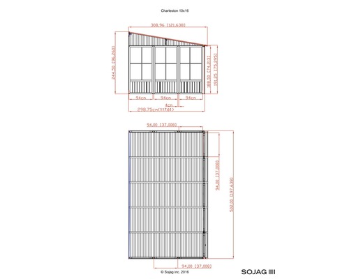 Technische Zeichnung Charleston 10x16 mit Maßangaben