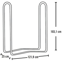 Abmessungen des Holzregals: 103,1 cm Höhe, 121,9 cm Breite und 25 cm Tiefe.