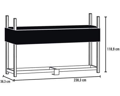 Technische Zeichnung eines Pflanztischs mit den Maßen 238,3 x 36,3 x 118,9 Zentimeter.