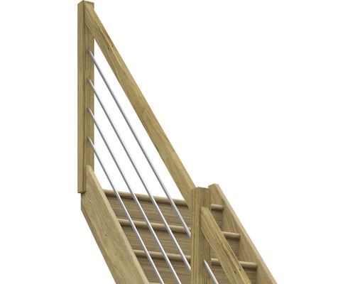 Gros plan d''un escalier avec des marches en bois et une balustrade avec des barres métalliques.
