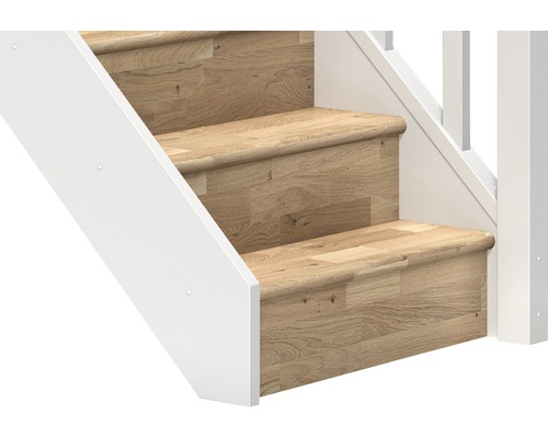 Treppenstufen aus Holz mit weißem Treppengeländer