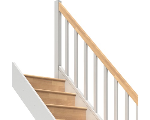 Escalier avec rambarde blanche et main courante en bois
