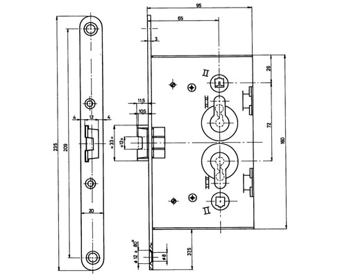 Technische Zeichnung eines Türschlosses mit Maßangaben