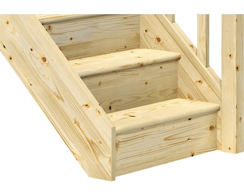 Detailaufnahme einer Holztreppe mit Geländer