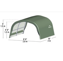 Dimensions d''un abri ShelterLogic: 1,5 mètre de haut, 2,6 mètres de large et 3 mètres de profondeur