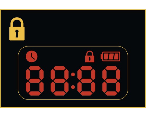 Anzeige mit Uhrzeit, Schloss und Akku
