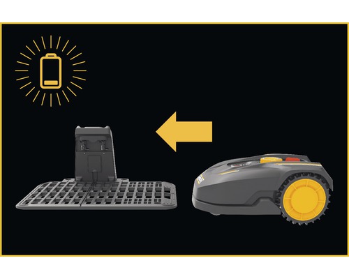 Rasenroboter beim Aufladen in der Ladestation mit Batteriesymbol