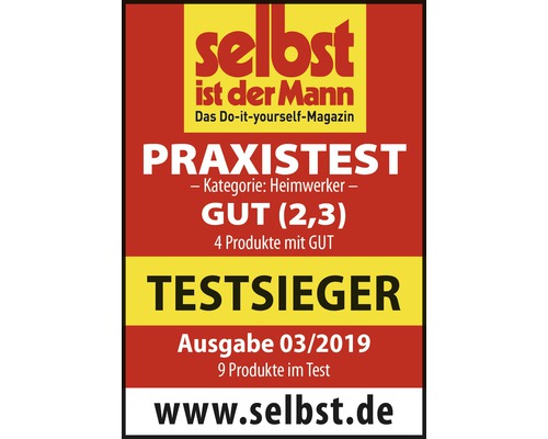 Selbst ist der Mann Logo mit Praxis Test Testsieger Siegel.