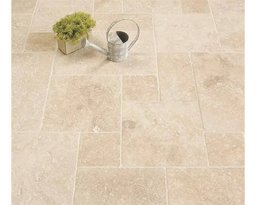 Carreaux de sol en travertin avec plante et arrosoir