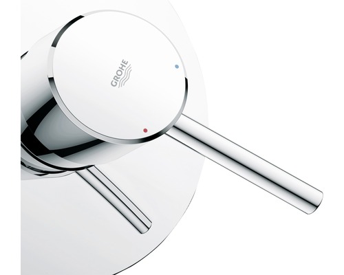 Logo Grohe sur un robinet avec levier pour lavabo