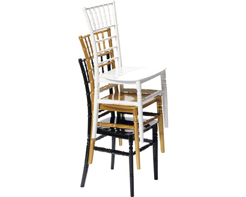 Stapel aus drei Chiavari Stühlen in Schwarz, Gold und Weiß