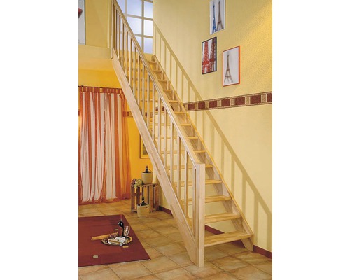 Escalier à limon latéral escalier de meunier Pertura Elenie hêtre bois lamellé-collé sans contremarches droit 14 marches / 15 pas de marche garde-corps à barres verticales-0