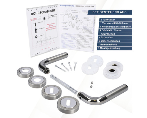 Türbeschlagset aus Edelstahl und Chrom mit Bohrschablone und Montageanleitung