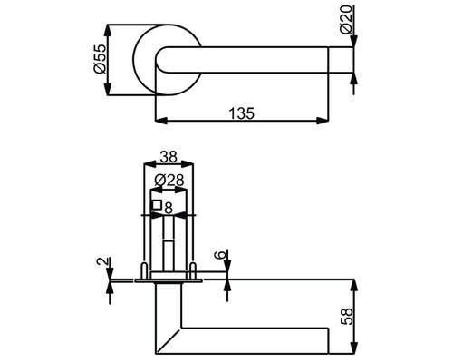 Technische Zeichnung eines Türdrückers mit Maßangaben