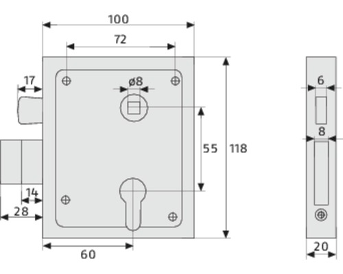 Dessin technique d''une serrure à mortaiser avec dimensions