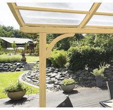 Detailansicht einer Holzpergola mit durchsichtigem Dach und geschwungenen Streben in einem Garten