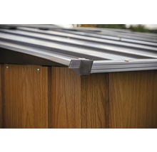 Vue détaillée d''un abri de jardin avec toit métallique et protection d''angle.