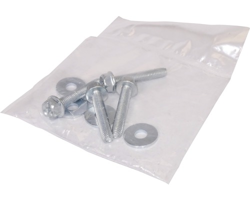 Schrauben und Unterlegscheiben in einer transparenten Verpackung