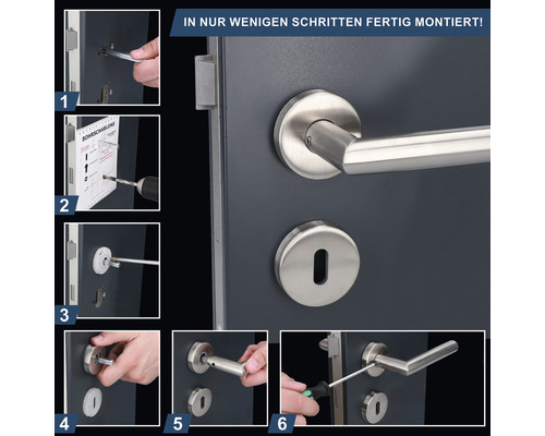 Montageanleitung für eine Türgarnitur mit Türdrücker und Schlossrosette