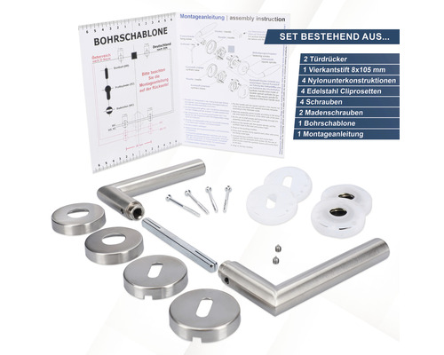 Edelstahl Türdrücker Set mit Montageanleitung und Bohrschablone