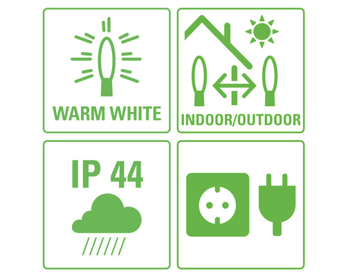 Symboles pour lumière blanc chaud, intérieur et extérieur, indice de protection IP44 et prise