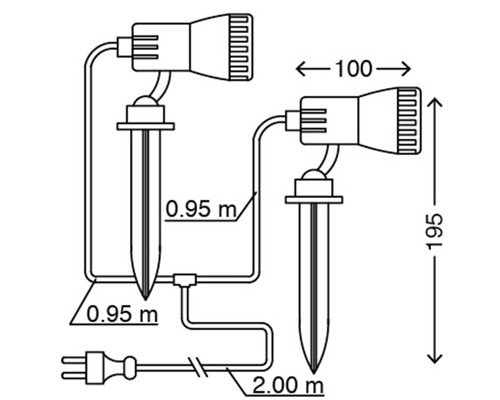 Dessin de deux projecteurs de jardin avec piquet de terre et indications de dimensions
