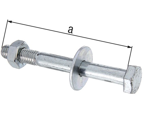 Schlossschraube mit Mutter und Unterlegscheibe mit Maßangabe a