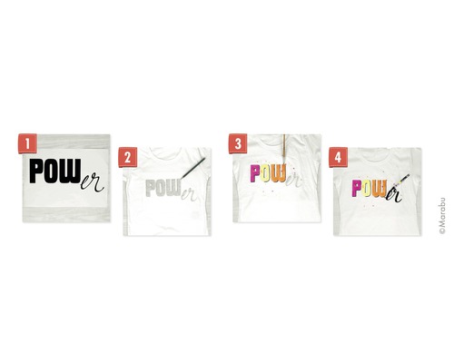 Illustration des quatre étapes de la conception d''un T-shirt avec le mot Power